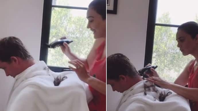 10 साल छोटे पति की हेयरस्टाइलिस्ट बनी 45 की एक्ट्रेस, बाल काटते आई नजर, देखें वीडियो