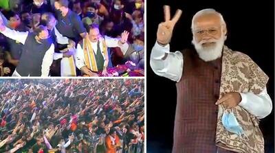 भव्य तस्वीरेंः BJP मुख्यालय पर बिहार जीत का जश्न, कुछ यूं नजर आए PM, मोदी, शाह-नड्डा पर फूलों की बारिश
