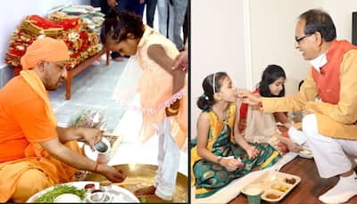 CM योगी और मुख्यमंत्री शिवराज ने कराया कन्या भोजन, तस्वीरों में देखिए किस तरह पैर धुलाकार खुद परोसा भोजन