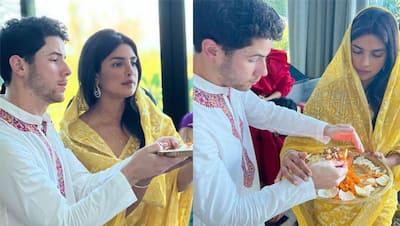 पीली साड़ी, सिर पर पल्ला और बिना मेकअप Diwali पूजा करती दिखी Priyanka Chopra, पति का हाथ थामे की आरती