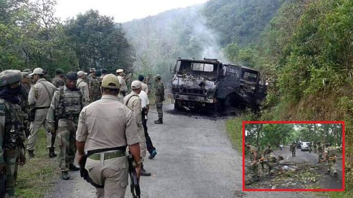 जला हुआ ट्रक- टुकड़े बटोरती सेना...क्या ये तस्वीरें मणिपुर में कर्नल विप्लव पर हुए आतंकी हमले की हैं?