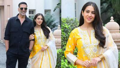 Akshay Kumar की बांह पकड़ मुस्कराती नजर आई Sara Ali Khan, पीले सूट में दिखी खूबसूरत, ये भी हुए स्पॉट