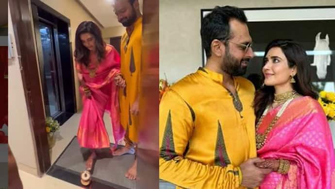 गुलाबी साड़ी पहन नई नवेली दुल्हन Karishma Tanna ने किया गृह प्रवेश, पति का हाथ थामे आई नजर