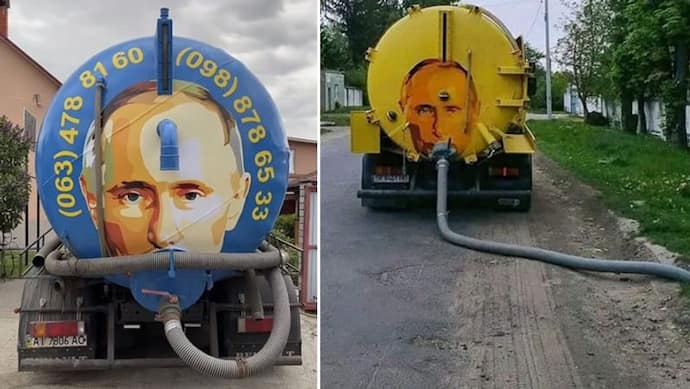 what an idea! युद्ध को लेकर रूस पर गुस्सा उतारने सेनेटाइजर मशीन पर इस तरह डिजाइन कर दी पुतिन की पेंटिंग