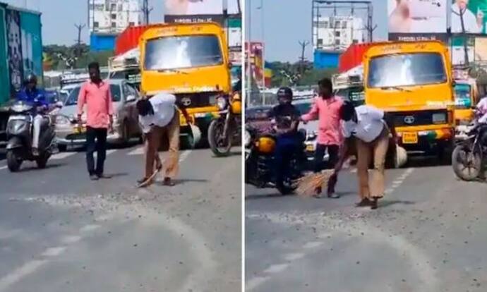 इस जांबाज को सैल्यूट: कोई हादसा न हो इसलिए पुलिसकर्मी ने भरी धूप में सड़क पर लगाई झाड़ू, वीडियो हो गया वायरल 