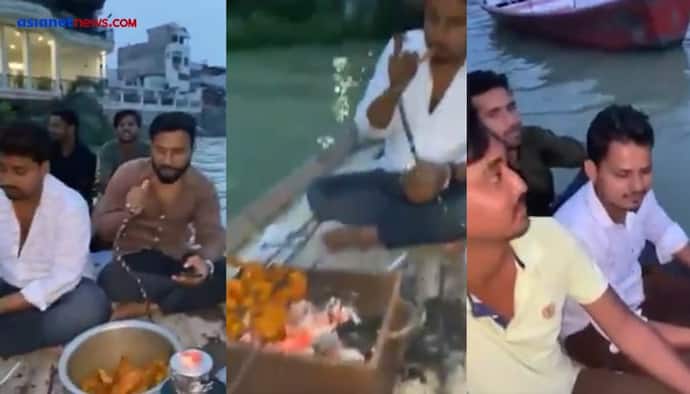प्रयागराज में उफनती गंगा नदी में नाव पर बैठ हुक्का पीते-चिकन खाते युवक,  Video से मचा हड़कंप 
