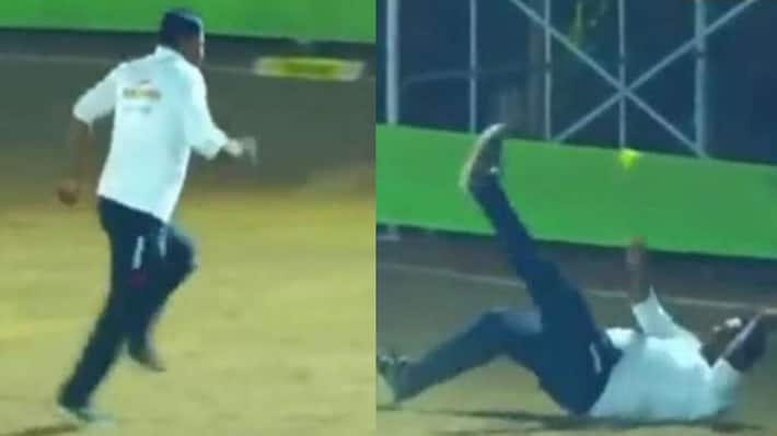 Hilarious video of a fielder tried to stop ball