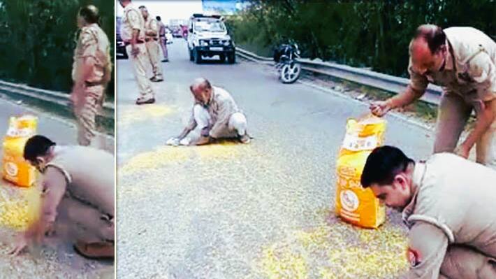UP police  Help Elderly Man Collect Pulses Spilled On Road