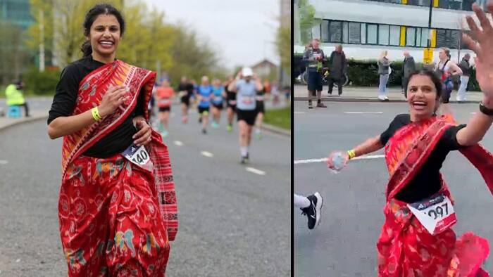Indian women runs UK marathon in saree
