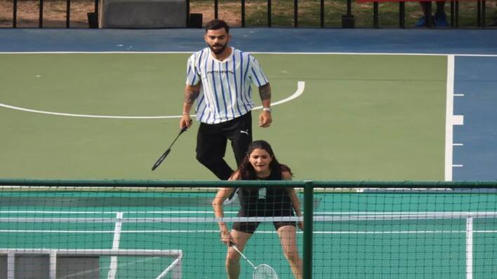 Virat Kohli plays badminton with wife Anushka Sharma