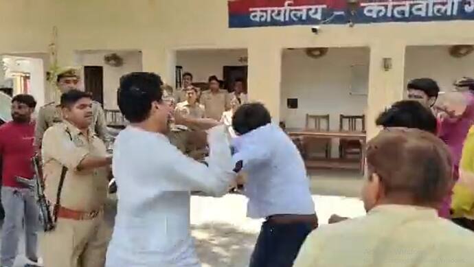 amethi news bjp leader deepak singh pacheri  beaten by sp gauriganj mla rakesh singh in police station 