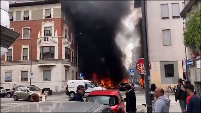 Explosion in Milan Italy burning cars bsm