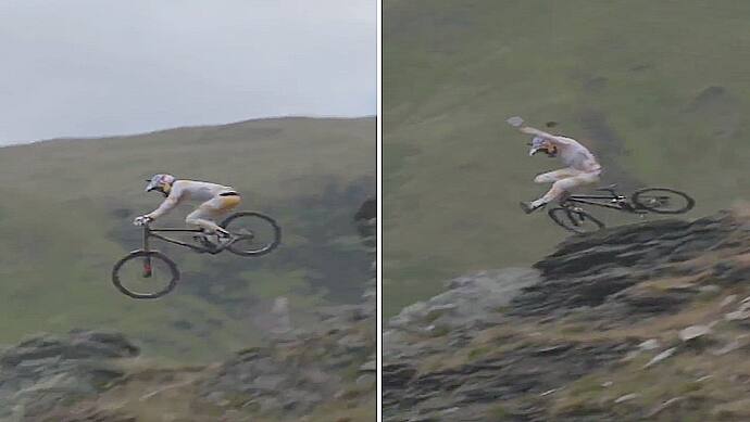 cyclist falls from a high mountain