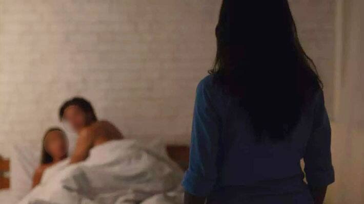 husband romancing with girlfriend in bedroom 