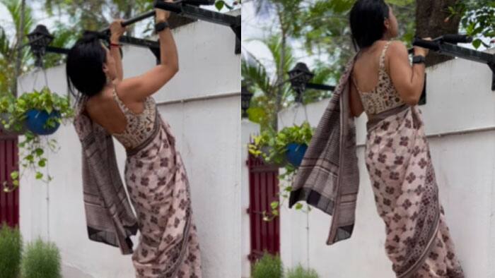woman pullups in saree