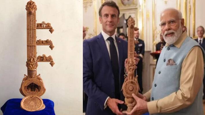 pm modi france president emmanuel macron  gifted a sitar