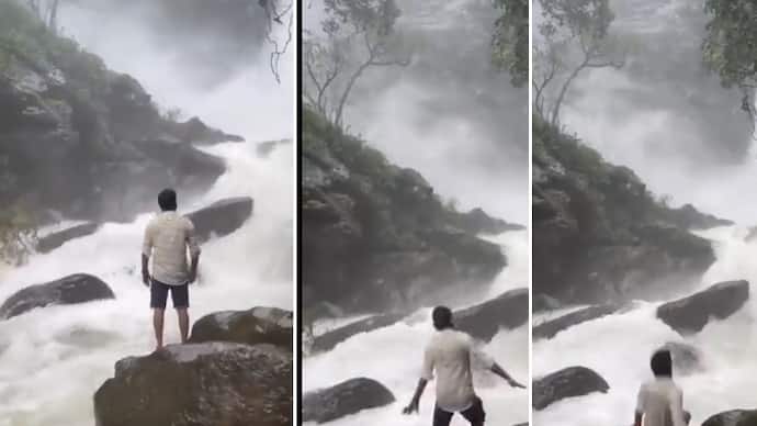 Shocking video Karnataka man washes away at Arasinagundi falls