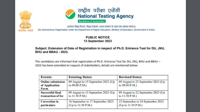 DU JNU BHU BBAU PhD entrance test 2023 Registration date extended