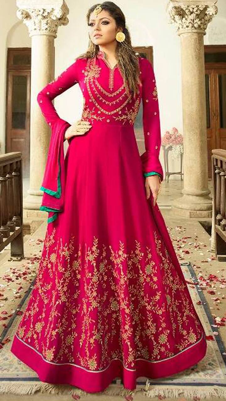 Buy Exotic India Pink and Ivory Designer Double-Layered Anarkali Suit with  Fl - PinkGarment Size 46 at Amazon.in