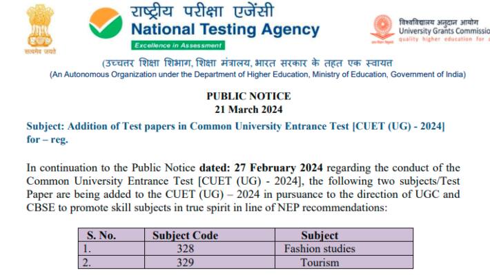 CUET UG 2024 nta adds two additional subjects