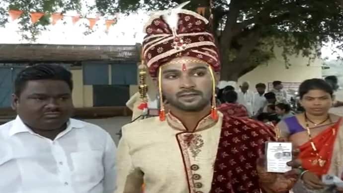 Maharashtra man reaches polling station in grooms attire